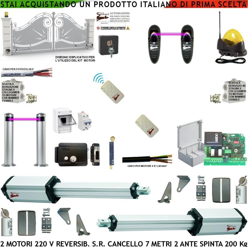 Kit Automazione Cancello 7 Metri 2 Ante da 3,5 MT Motori Elettromeccanici Reversibili 230 V Centrale 2 Fotocellule 2 Radiocomandi Salvavita Faro Serratura Paletto Selettore Scatole Fusibili 2 Cavi