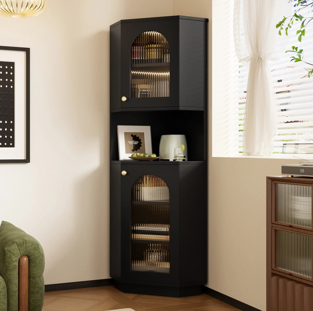 Mobile da bagno angolare con vano aperto e barra luminosa in MDF nero