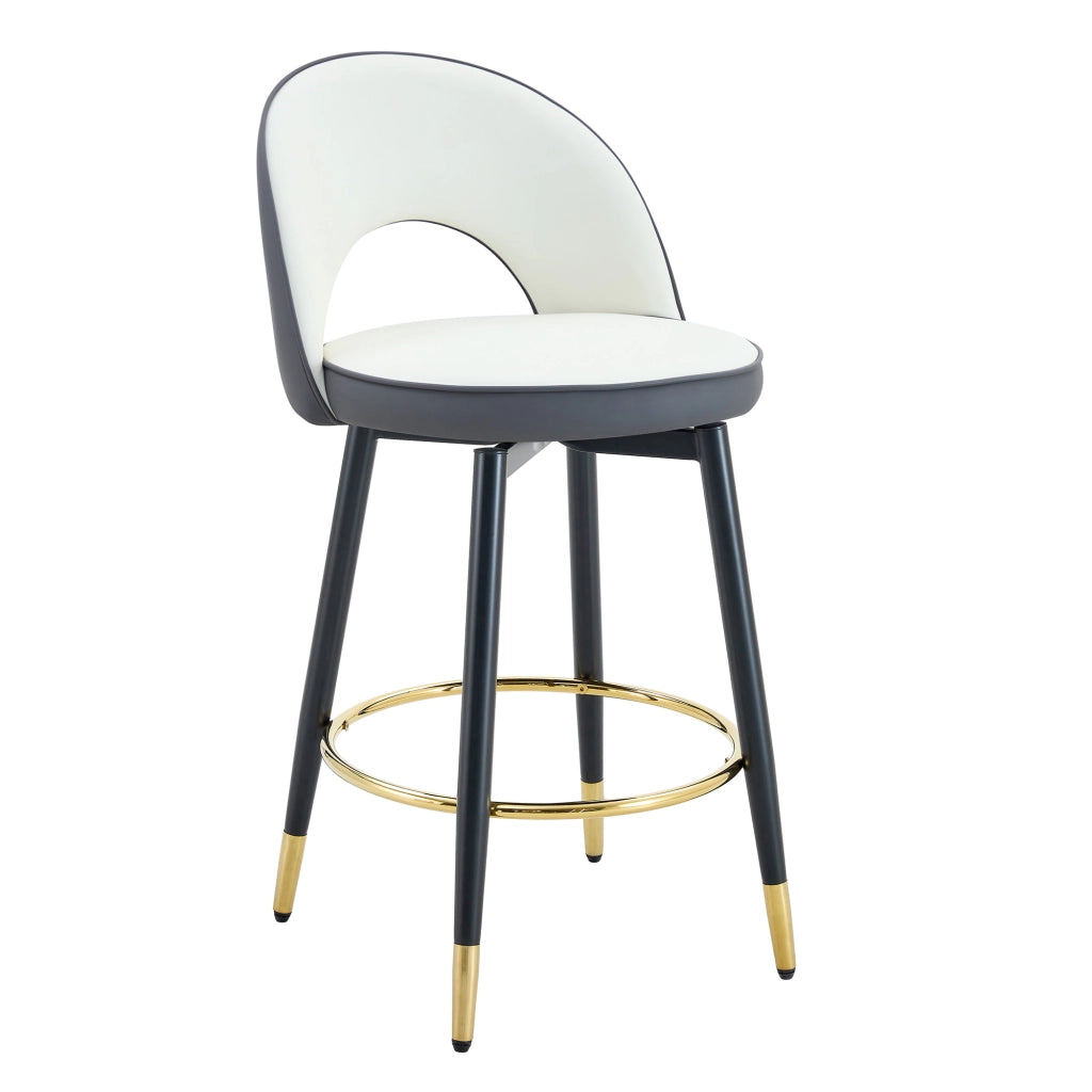 Sgabello bar girevole a 360° con schienale traforato, seduta bicolore grigio scuro e bianco, struttura in metallo e rivestimento in PU