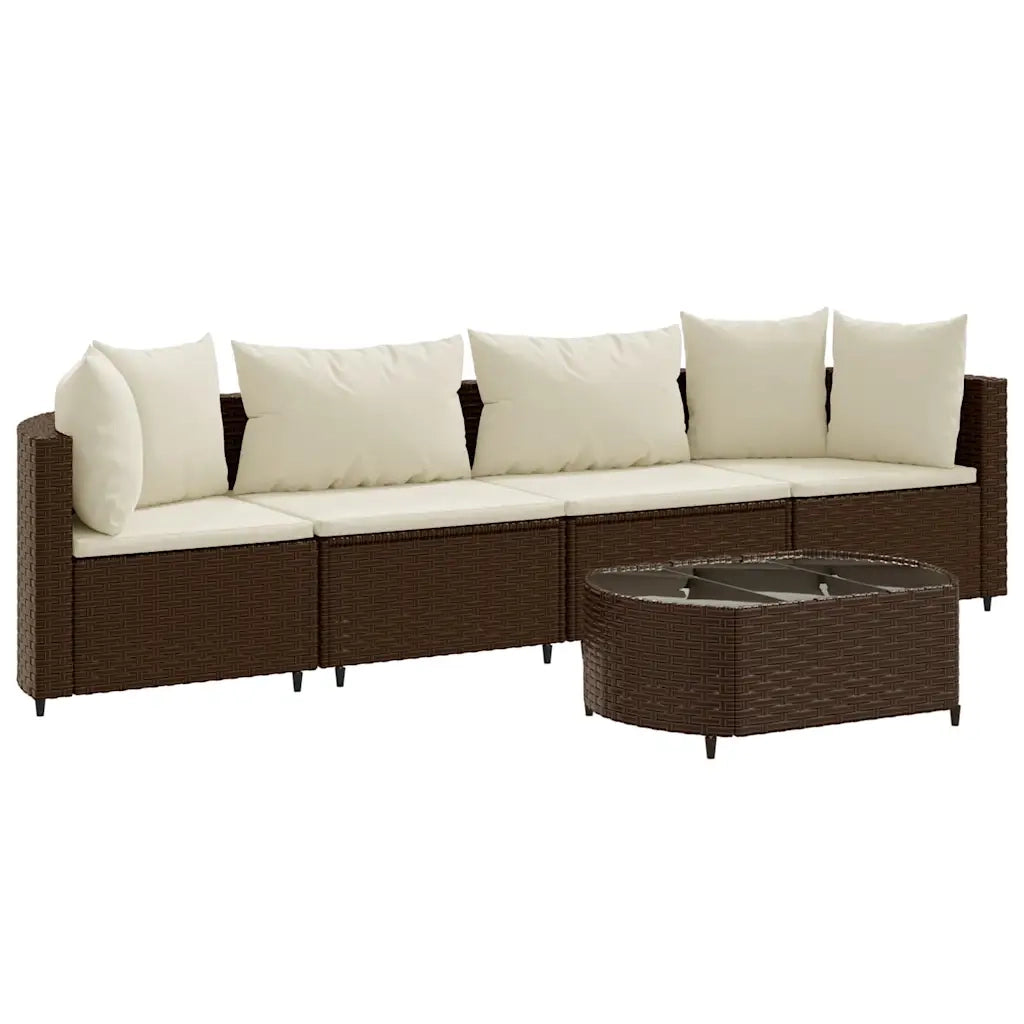 Set Divano da Giardino 5 pz con Cuscini Marrone in Polyrattan