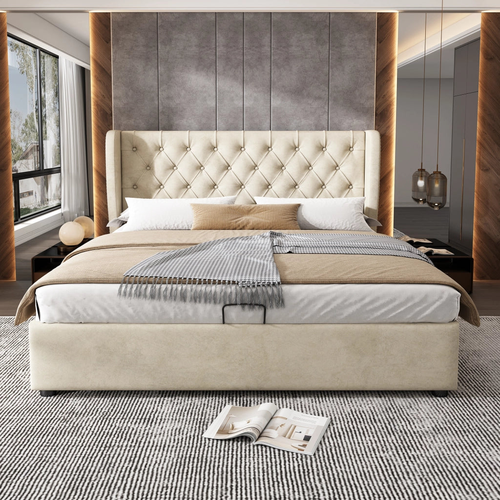 DESMIU Letto contenitore 2 posti con vano idraulico, 160 × 200 cm, senza materasso, in velluto beige
