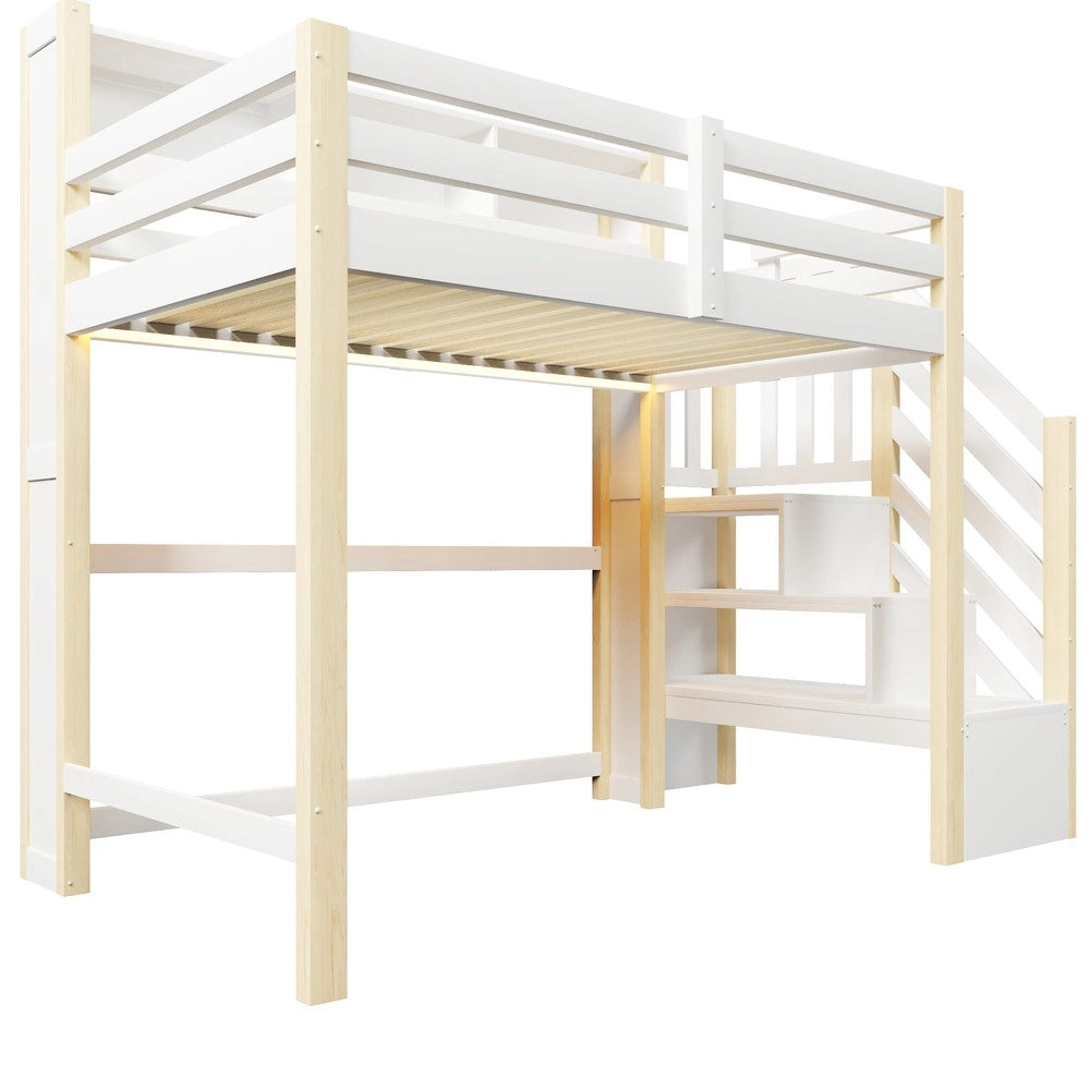 Letto a Soppalco con LED e Contenitore ¨C MINIMAL ¨C Bianco/Natura, 90x200