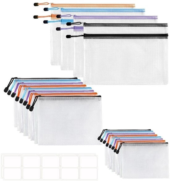 Pacchetto di 20 buste documentali con chiusura a righello, realizzato in materiale PVC, impermeabile e trasparente, 4x A4, 8x A5 e 8x A6 – ideale per casa, scuola e ufficio