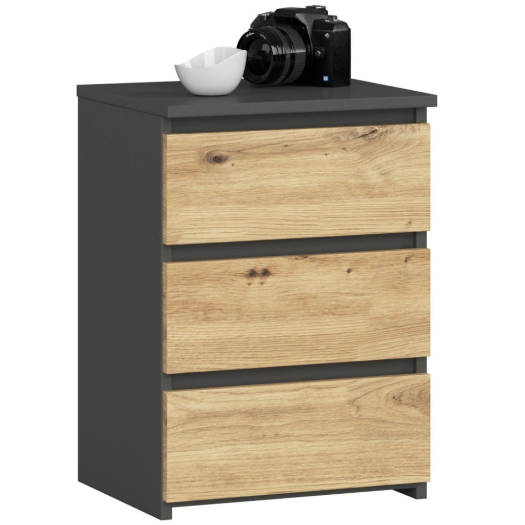 Comodino AKORD CL3 Grigia Grafite 40 cm 3 cassetti inserto frontale Quercia Artisan 40x35x57 cm