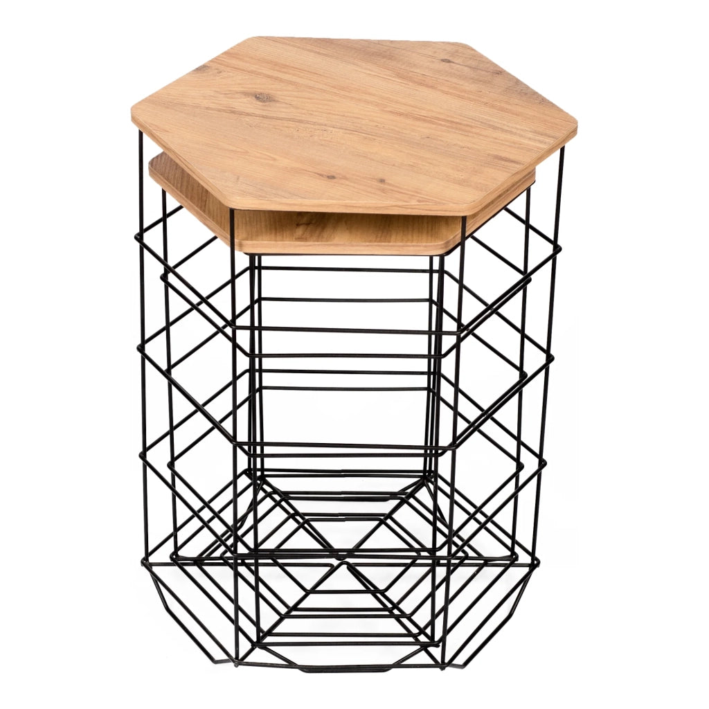 Set di 2 cestini hørsholm in metallo con vassoio esagonale estraibile nero / effetto legno 03_0008549
