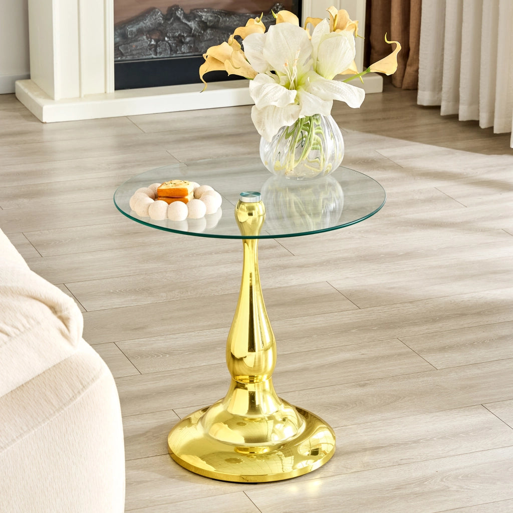 Tavolino basso rotondo in vetro temperato con base in metallo dal design moderno per soggiorno e camera da letto oro