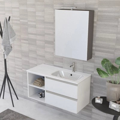 Mobile bagno sospeso 100 cm bianco opaco con cassetti e vani a giorno completo di lavabo a destra e specchio contenitore Master
