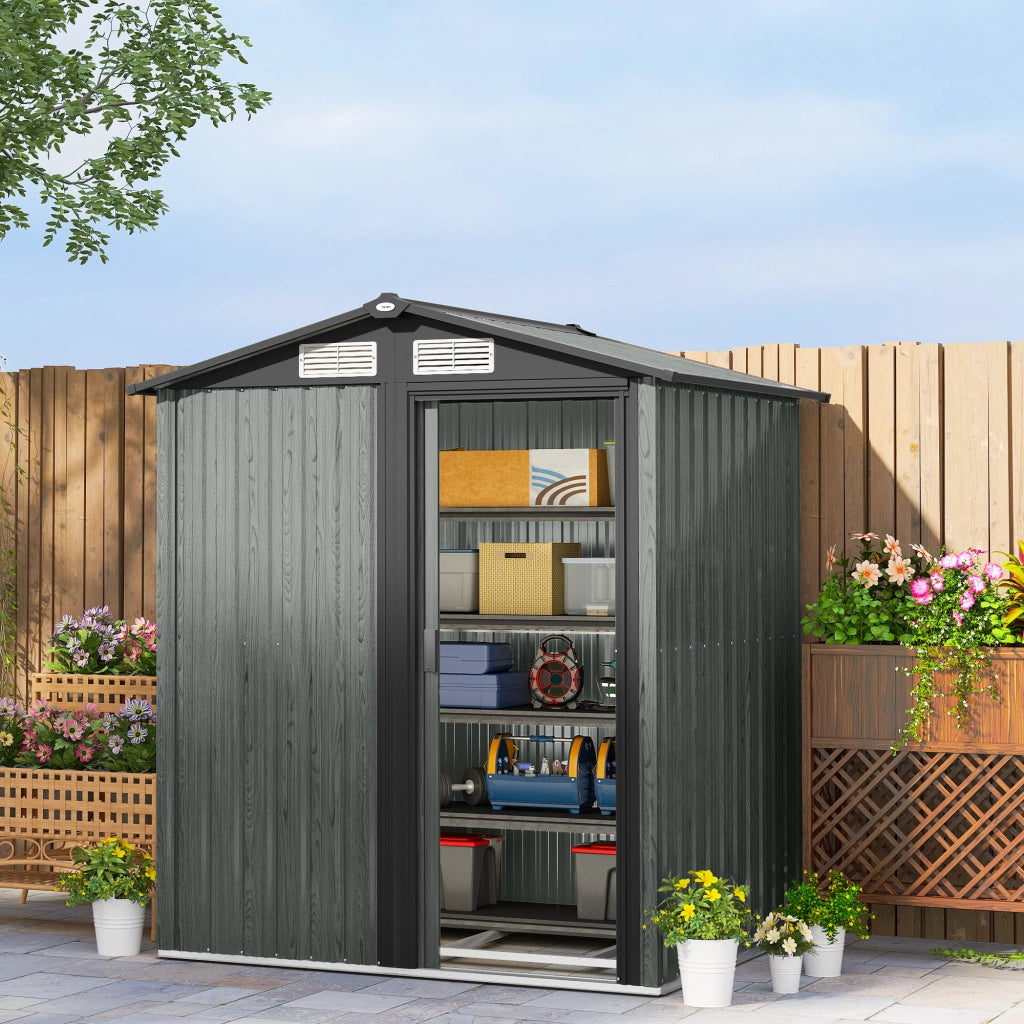 Casetta da Giardino Porta Attrezzi in Acciaio con Tetto Inclinato e 4 Prese d'Aria, 152x132x188 cm, Grigio