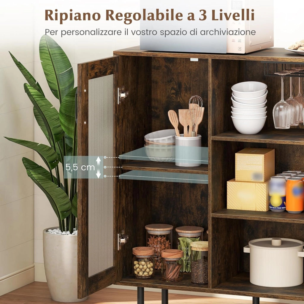 Credenza da Cucina, Armadietto Salvaspazio in Legno con Porta, Ripiano Regolabile e Portabicchieri da Vino, Mobile a Buffet per Soggiorno, Sala da Pranzo e Ingresso, 95 x 35 x 98 cm