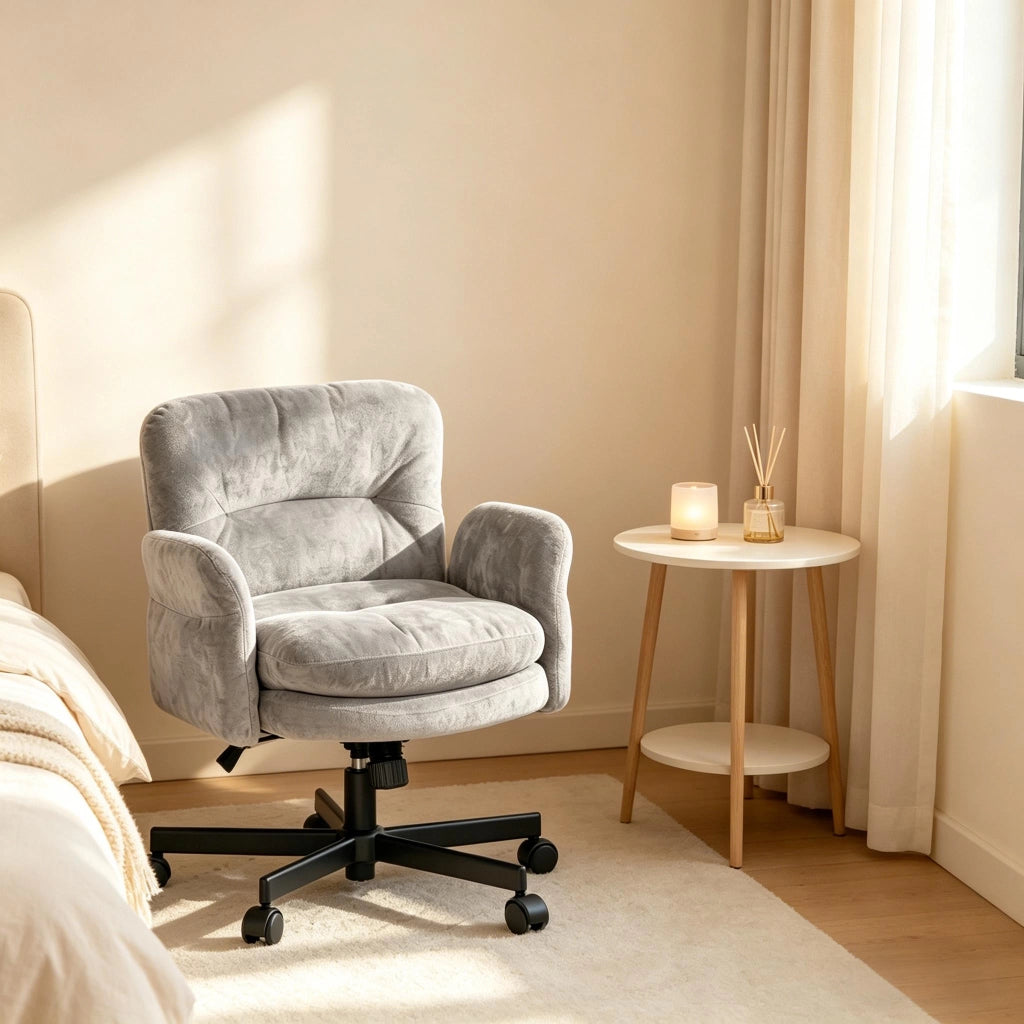 Sedia girevole a 360° in velluto con seduta imbottita, schienale ergonomico e base in metallo per soggiorno grigio