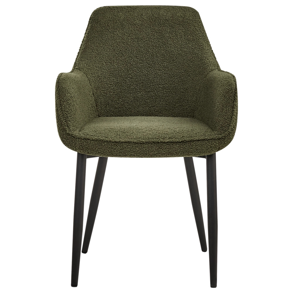 Set di 2 sedie da pranzo in tessuto bouclè verde scuro braccioli schienale intagliato gambe in metallo moderna industriale