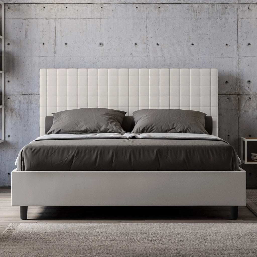 BS COM Letto queen size con rete imbottito 150x190 similpelle bianco