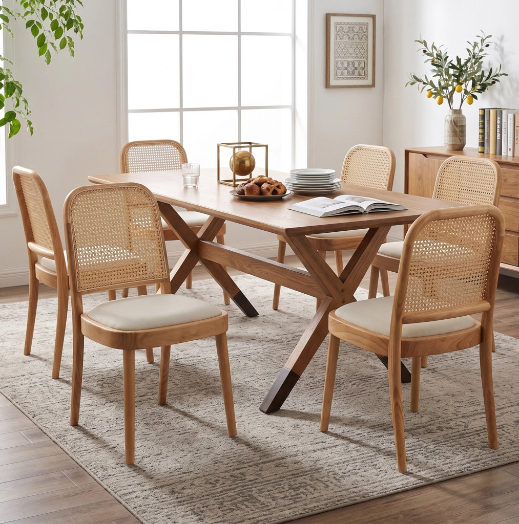 Set di 2 sedie da pranzo in legno massello con schienale in rattan e seduta in lino; color legno