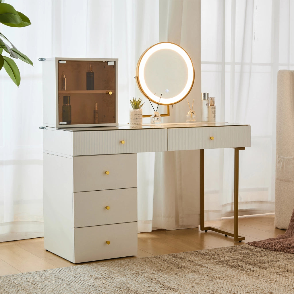 TAVOLO TOELETTA con specchio LED 120x45x115 cm Bianco e Oro