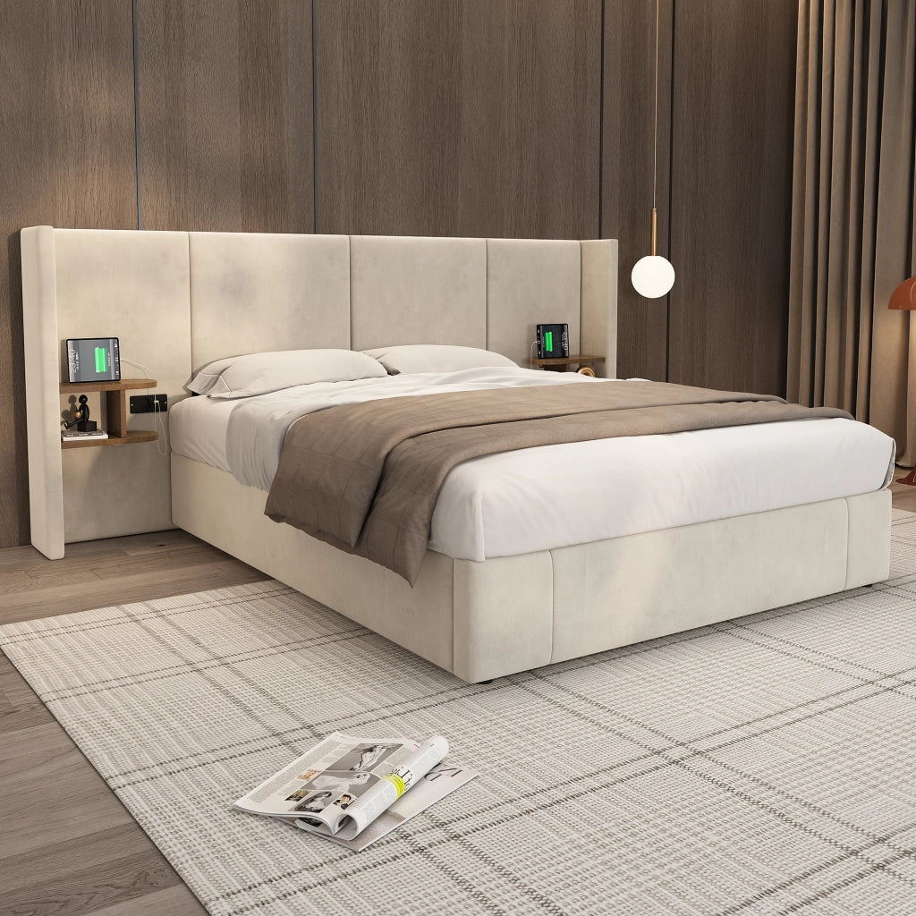 LETTO Contenitore 160x200 cm Velluto Beige con 2 comodini