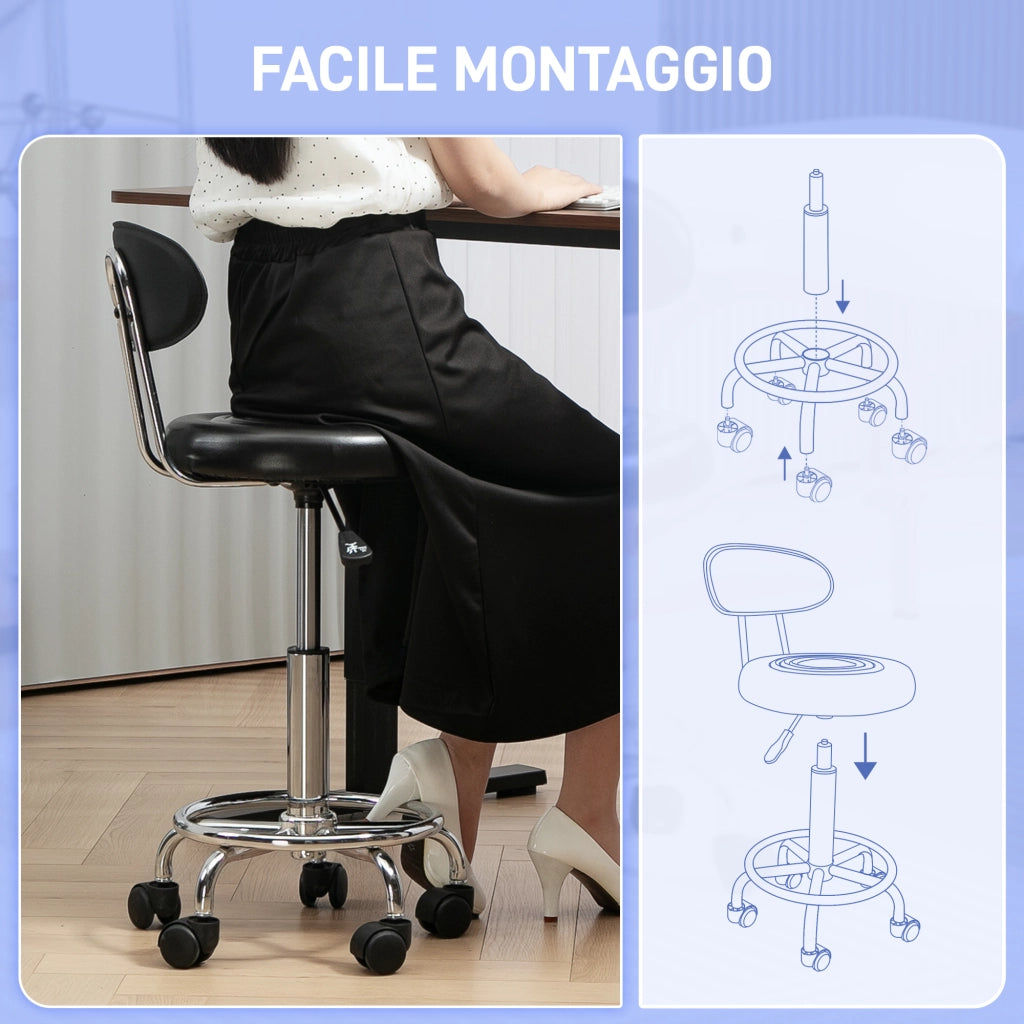 Sgabello Girevole con Schienale e Ruote ¨C zephmum ¨C Nero Finta pelle