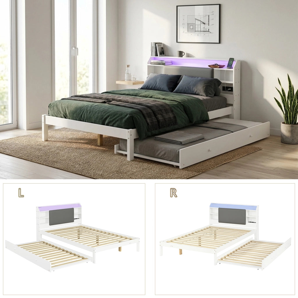 DESMIU Lit simple 120 × 200 cm con letto estraibile 90 × 190 cm, LED, ripiano e ricarica, senza materasso, bianco