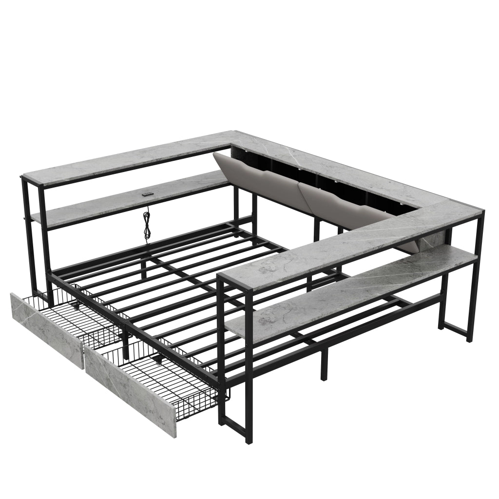Letto con Cassetti 90x200 cm e 140x200 cm; USB e Type-C; in MDF e Metallo; Grigio