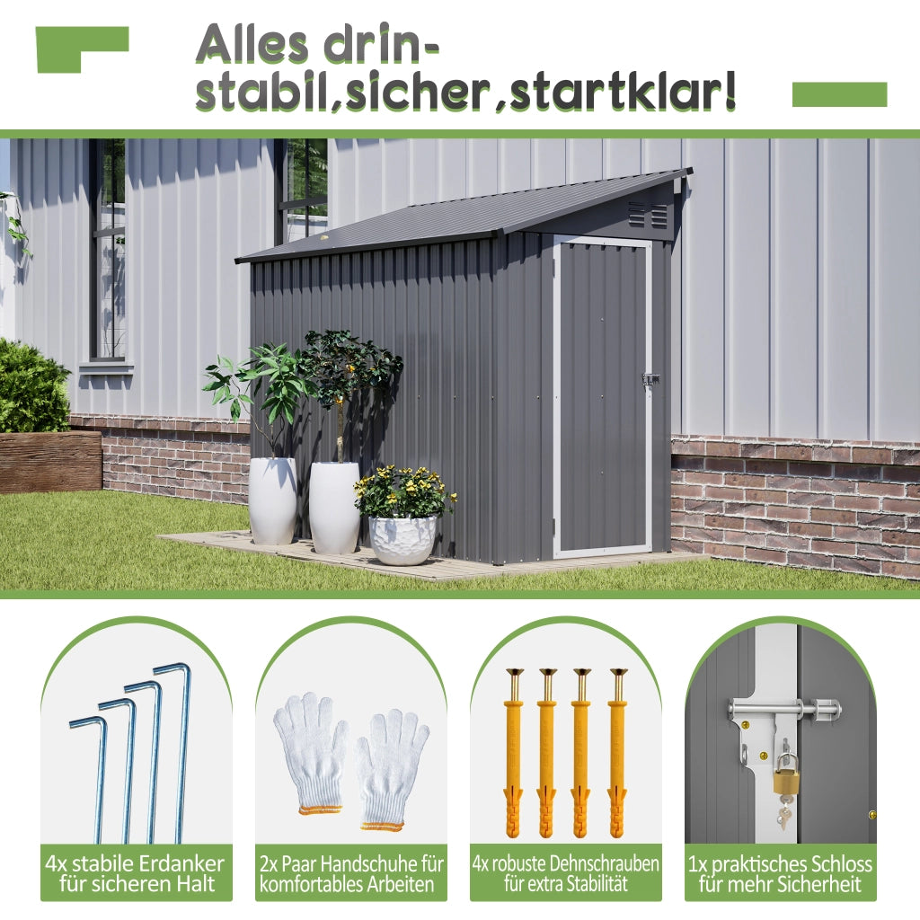 Capanno da giardino in metallo di 4'x8'; capanno di estensione con porta chiudibile a chiave e 2 bocchette; deposito attrezzi per giardino e patio; grigio