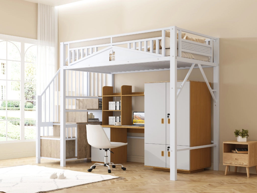 Letto a soppalco in metallo con scala contenitore; protezione a finestra e spazio sotto il letto; bianco; 90x200 cm; senza materasso