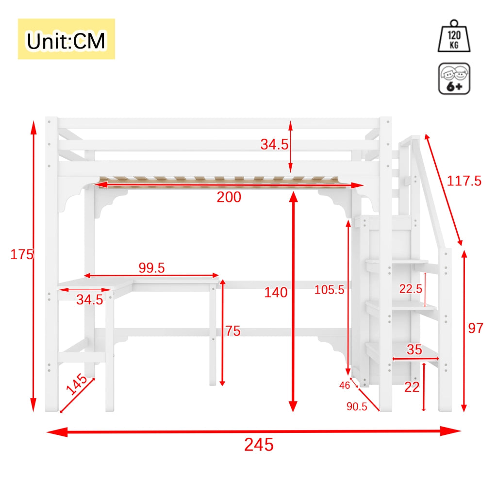 Letto a soppalco matrimoniale 140×200 cm con scrivania a L; armadio aperto e scala contenitore; bianco; senza materasso