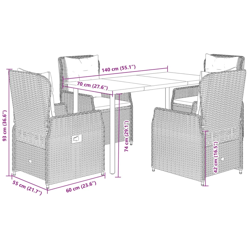 Set da Pranzo da Giardino 5pz con Cuscini in Polyrattan Marrone 3262849