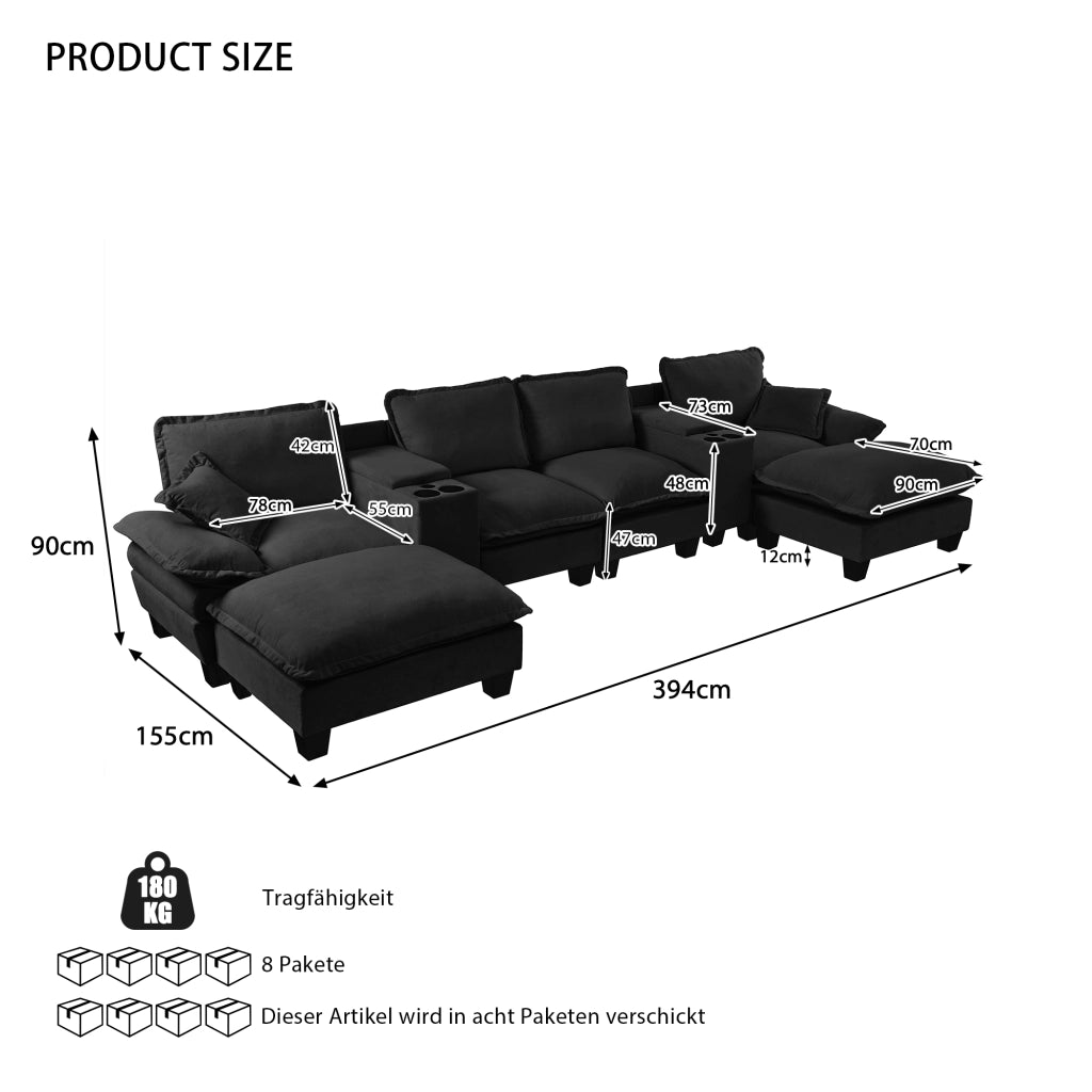 Divano Modulare U con Ottomane, Portabicchieri e USB ¨C Xylo ¨C Chenille Nero