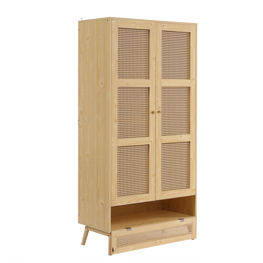 Armadio Camera da Letto 90×45×183 cm con Porte in Rattan; Barra Porta Abiti e Spazio Salvaspazio Inferiore