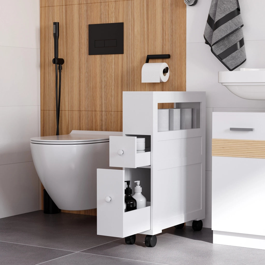 Mobiletto da Bagno con Cassetti e Ruote ¨C Zephmum ¨C Legno Bianco 16x52x71.5 cm