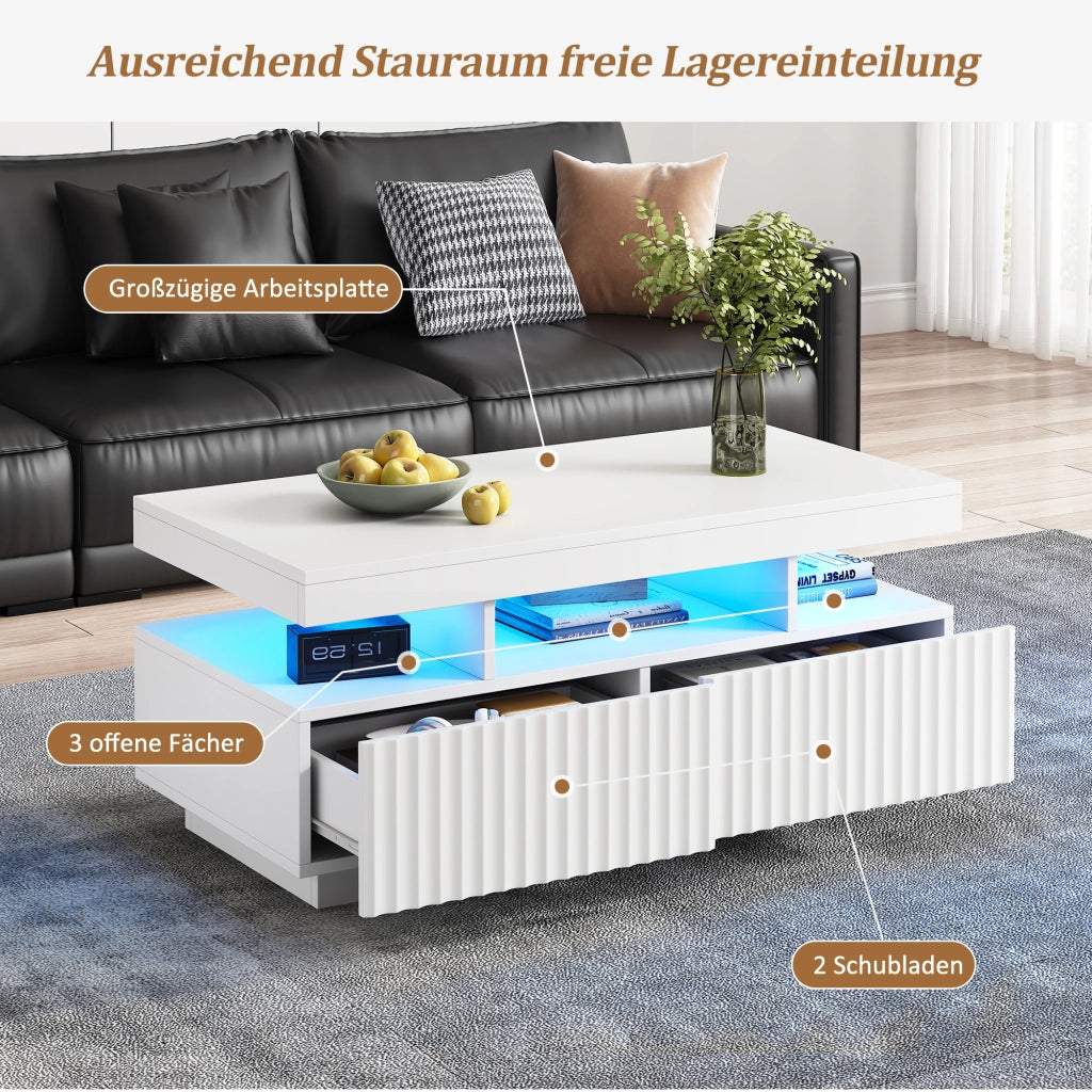 Tavolino da caffè con 2 cassetti; vano aperto e striscia LED - per soggiorno - 100×50×45 cm - in truciolare - bianco