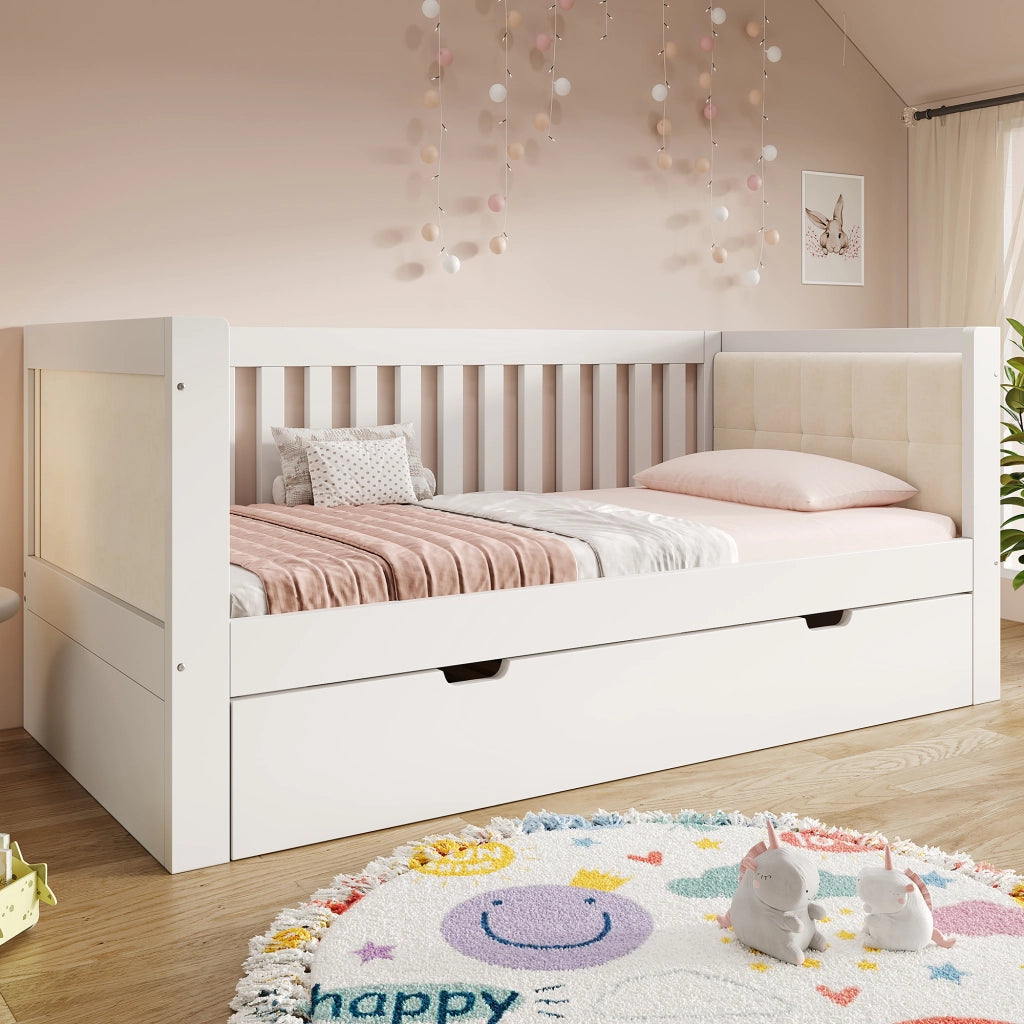 DESMIU Divano letto 90 × 200 cm e 90 × 190 cm 1 posto con letto estraibile, senza materasso, in legno, bianco