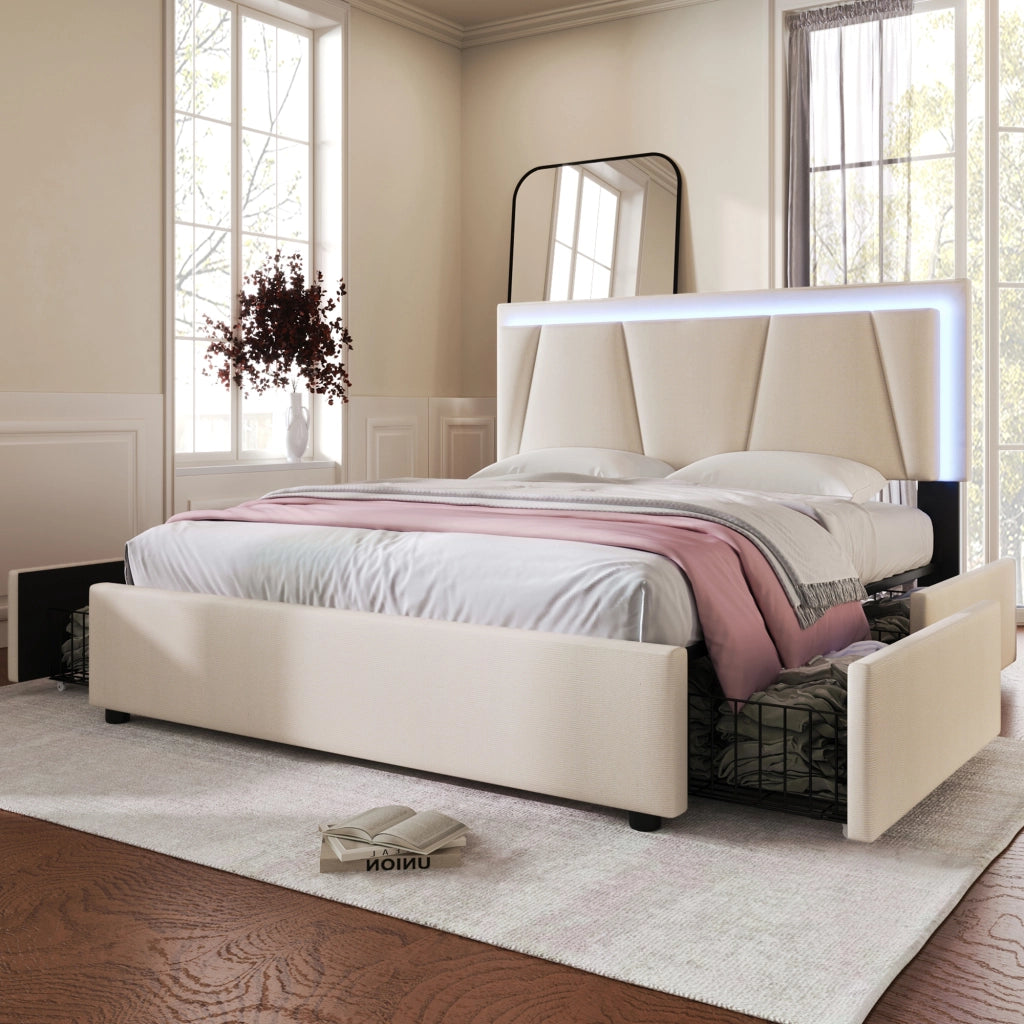 DESMIU Letto matrimoniale 140 × 200 cm con 4 cassetti, LED, testiera regolabile, senza materasso, beige