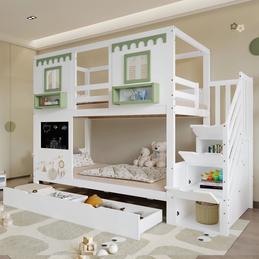 LETTO A CASTELLO 90x200 cm Bianco/Verde in legno e MDF