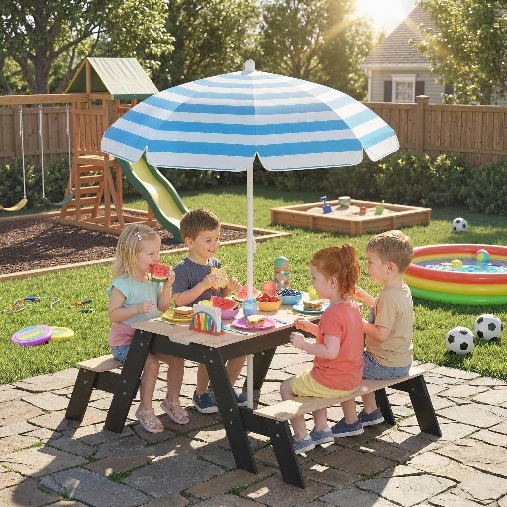 Tavolo da pranzo per bambini con sedie e ombrellone ¨C Minimal ¨C Legno naturale 90x90x50