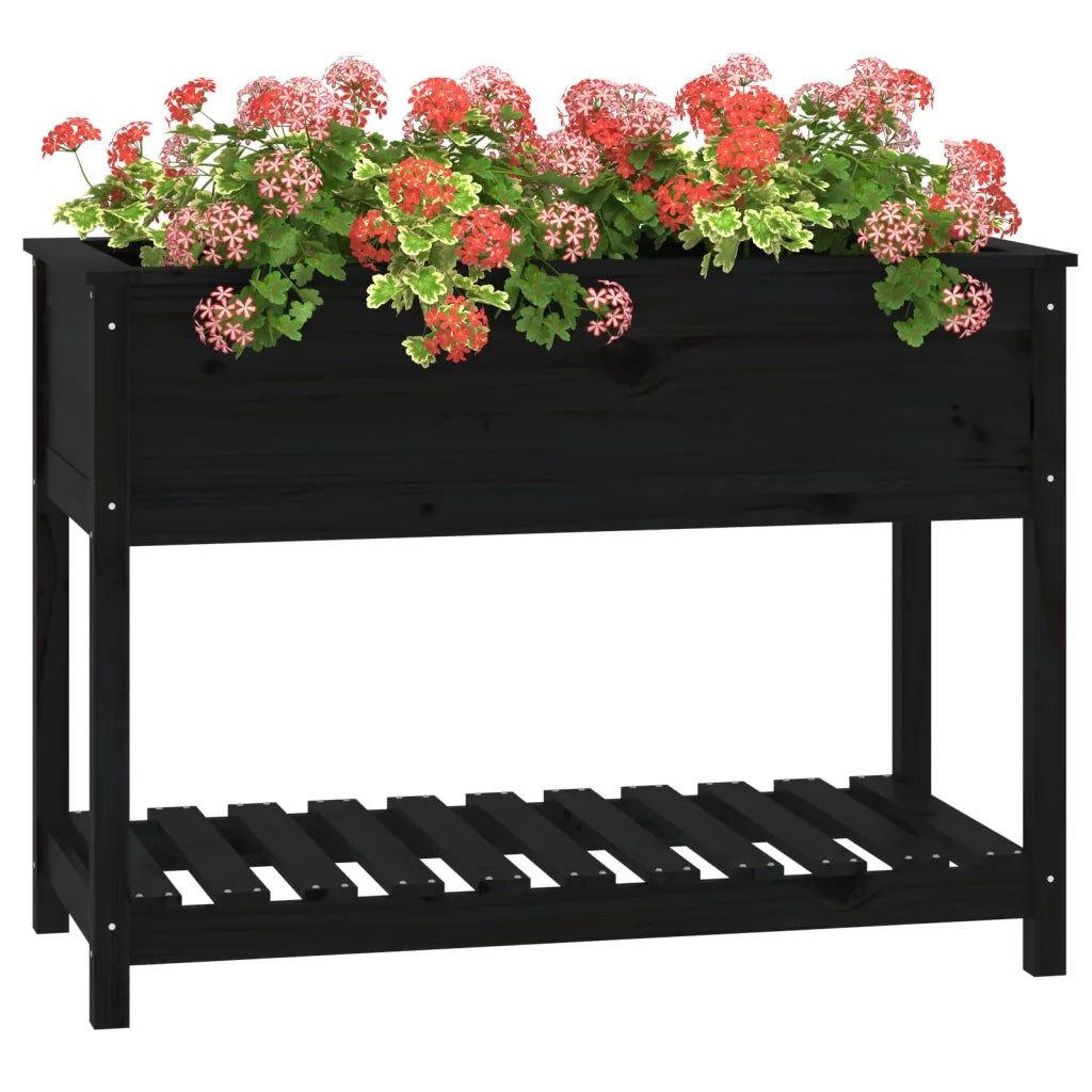 Fioriera con Mensola Nera 111,5x54x81cm Legno Massello di Pino 823791