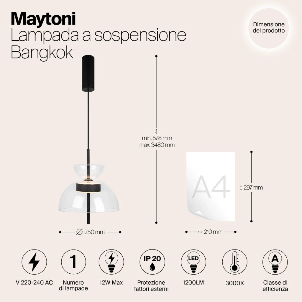 Maytoni Lampadario moderno Bangkok 1 luce LED integrato nero metallo trasparente vetro