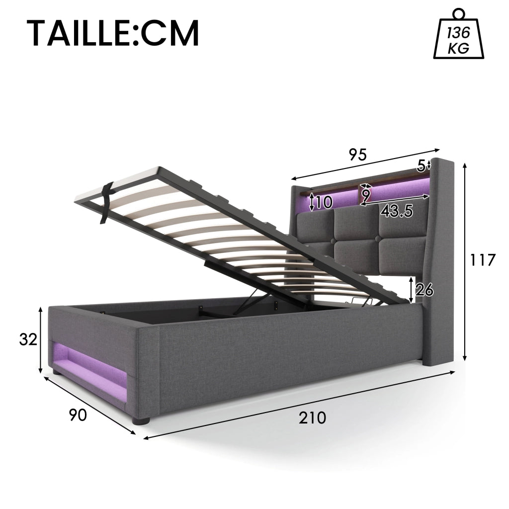 OKWISH Letto Singolo 90×200 cm con Contenitore, USB, LED Regolabile e Mensola, senza Materasso, in Lino, Grigio