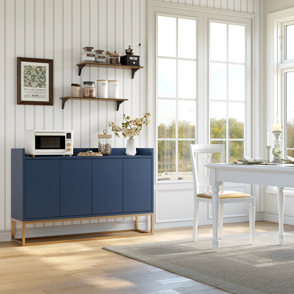 Credenza buffet 120cm blu marino, mobile soggiorno pannello di particelle con base metallo oro, 4 ante push‑to‑open, ripiani regolabili per sala da pranzo ingresso