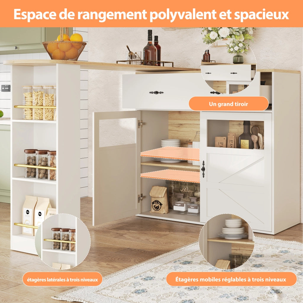 OKWISH Tavolo Bar con 1 Cassetto, Ripiani Regolabili e Rotazione a 360°, per Cucina e Sala da Pranzo, MDF, Bianco, 138-204×39×104 cm