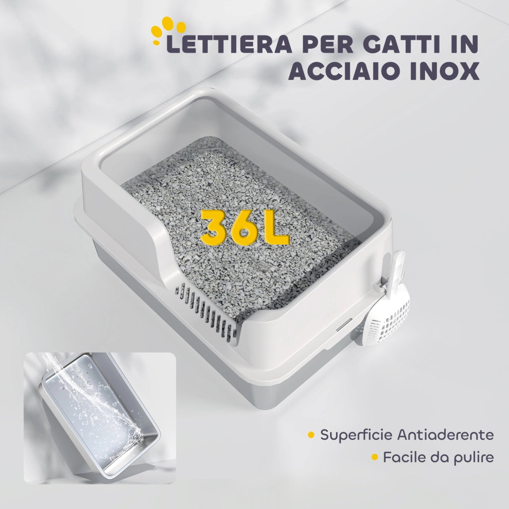 Lettiera per Gatti con Vassoio ¨C Minimal ¨C Acciaio Inox, Grigio, 60x40x28 cm