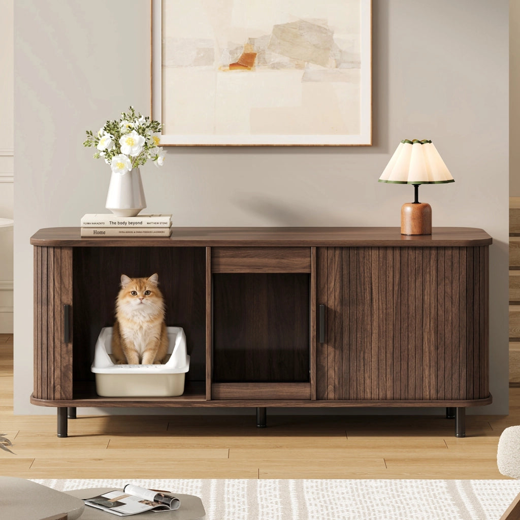 Mobile Lettiera per 2 Gatti 140×50×60 cm con 2 Porte Scorrevoli; Tappetino Raccogli Sabbia e Piedini in Metallo
