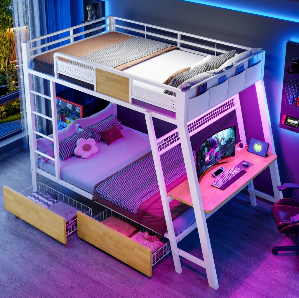 Letto a castello in metallo 90x200 cm con scrivania, LED e prese