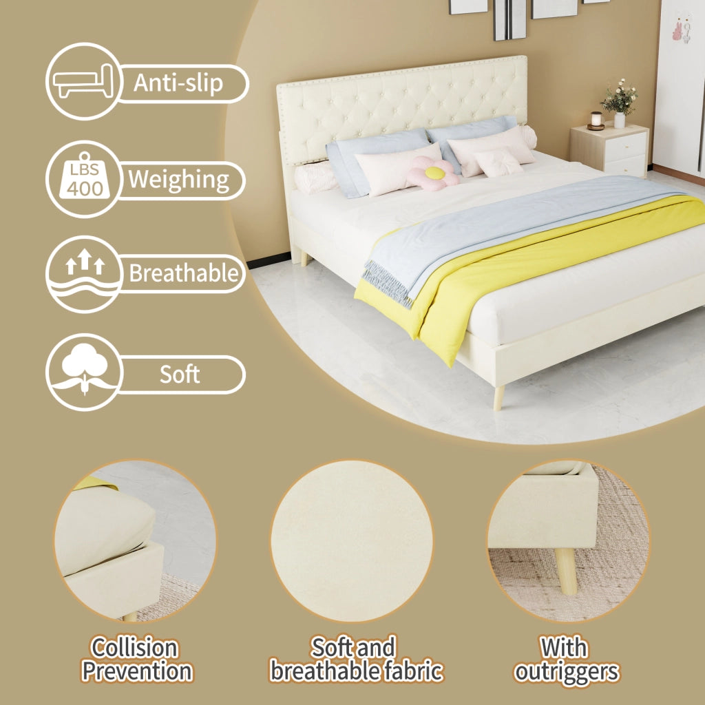 DESMIU Letto 160 × 200 cm 2 posti con vano sotto il letto, senza materasso, in tessuto, beige