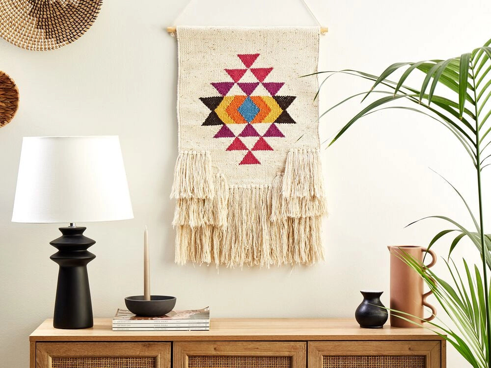 Decorazioni da parete in cotone beige nappa fatta a mano arte della parete motivo geometrico boho per soggiorno camera da letto