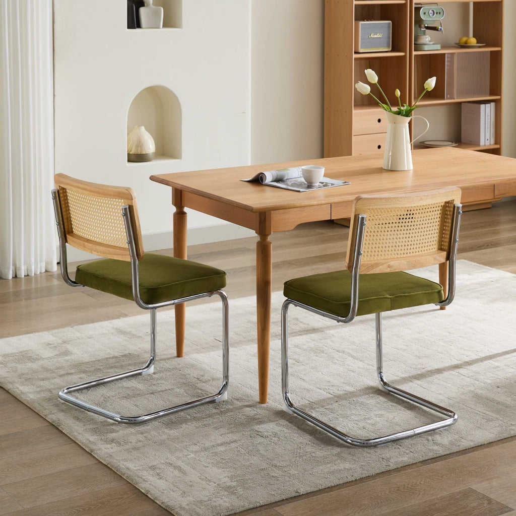 Set 2 Sedie da Pranzo in Velluto con Schienale in Rattan ¨C Xylo ¨C Verde, Gambe Cromate