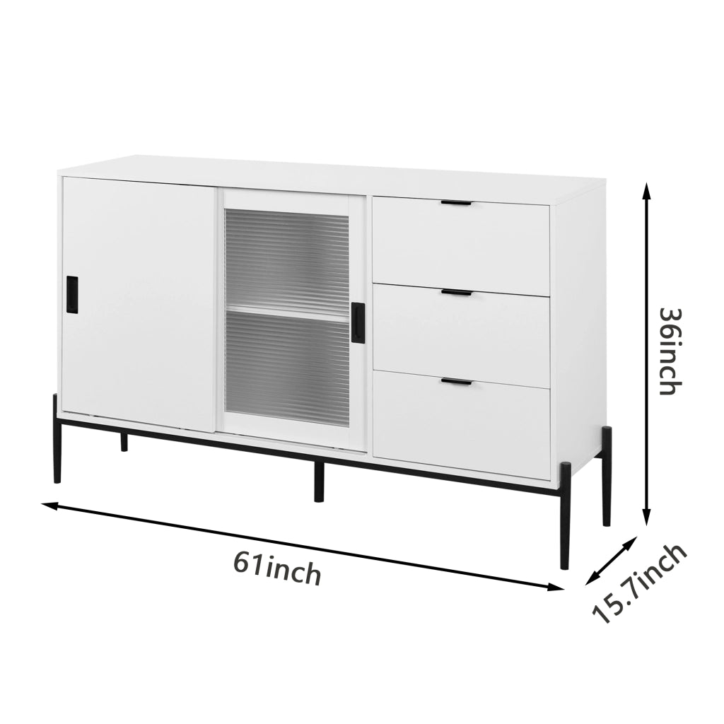 Credenza con 2 porte e 3 cassetti in vetro rigato; mobile contenitore per ingresso; in truciolare; bianco