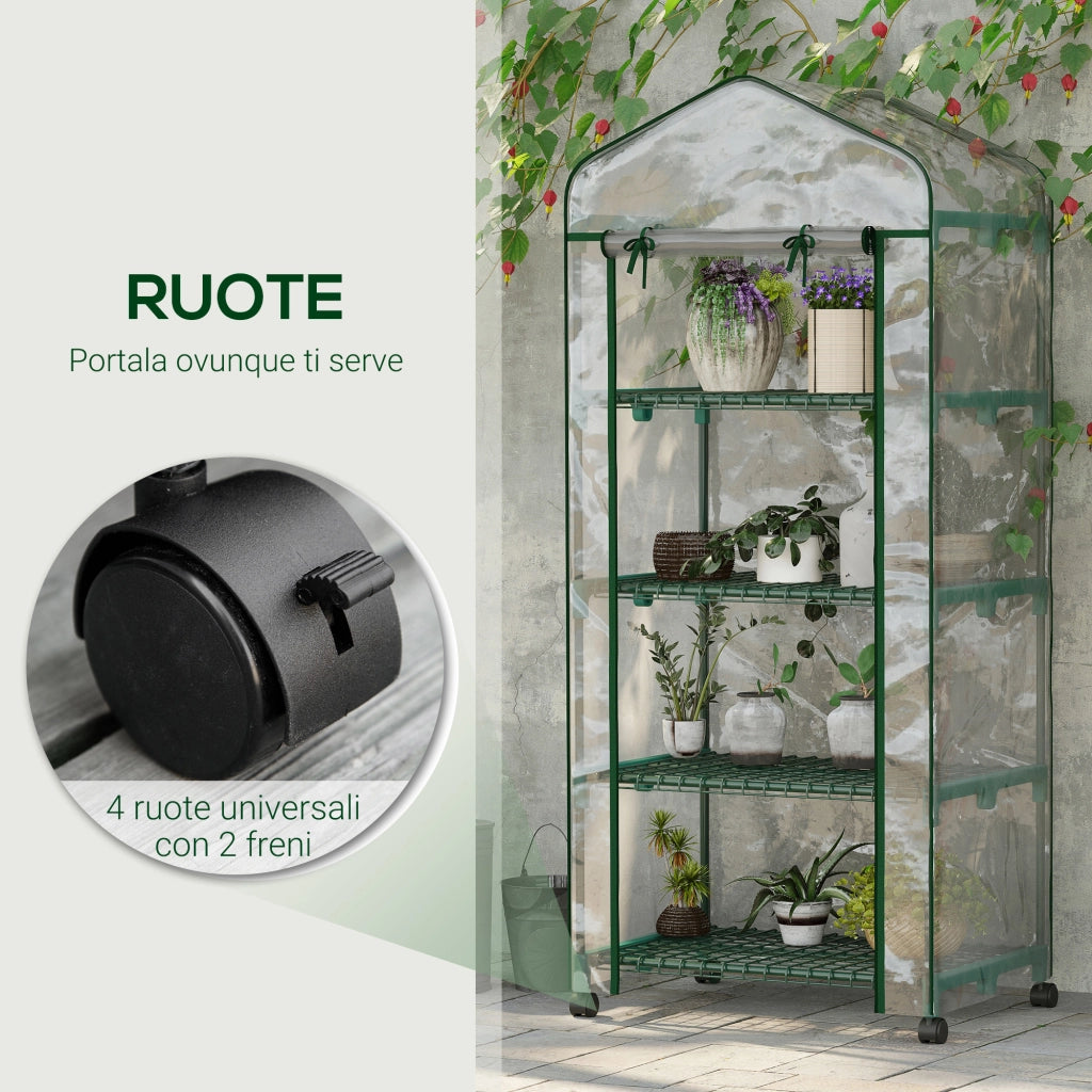 Serra da Giardino Verticale con Scaffale a 4 Ripiani ¨C Minimal ¨C Acciaio e PVC Verde 69x50x165cm