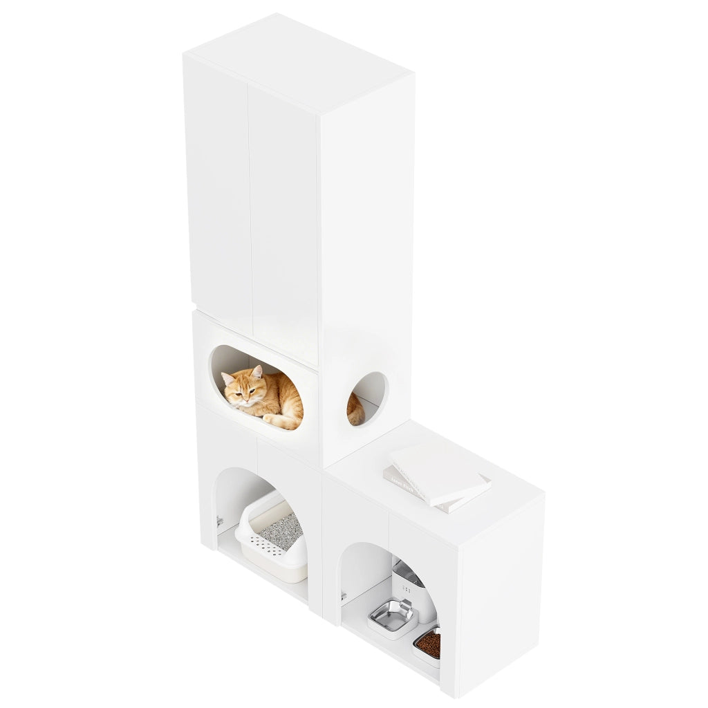 Mobile Lettiera per 2 Gatti 140×45×195 cm con Zona Relax; Armadio Contenitore e Doppio Vano; Bianco