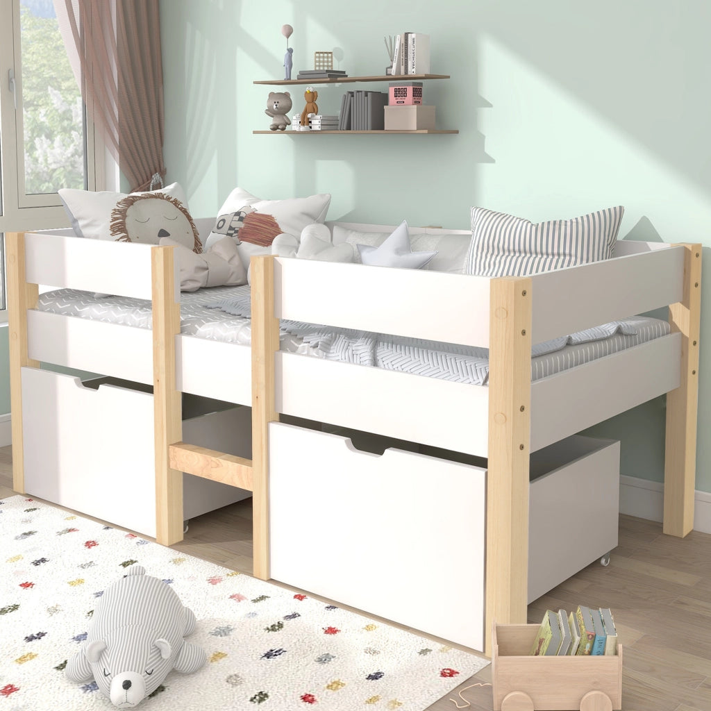 DESMIU Letto per bambini rialzato 1 posto con 2 cassetti e barriera 90 × 190 cm, senza materasso, legno massello bianco