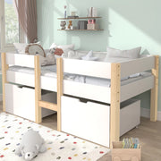 DESMIU Letto per bambini rialzato 1 posto con 2 cassetti e barriera 90 × 190 cm, senza materasso, legno massello bianco